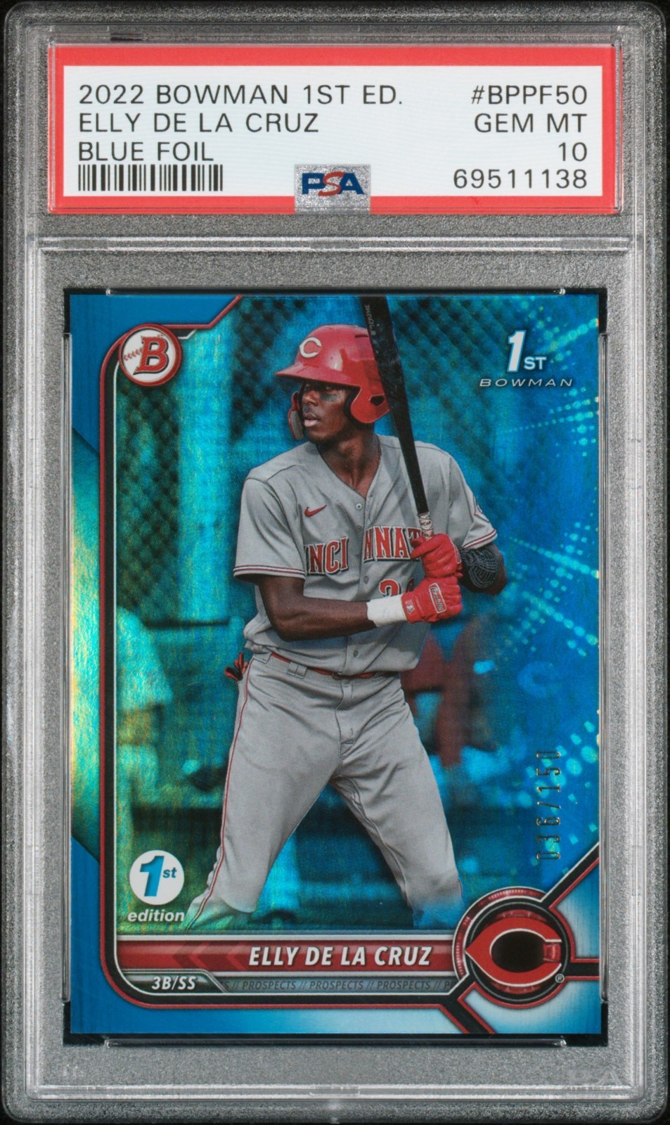 2022 Bowman Elly De La Cruz #BPPF-50 RC 1st Edition Blue Foil /150 PSA 10 Reds