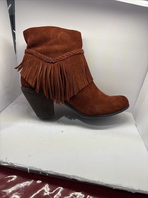 Gianni Bini Boho Camel Tan Suede Fringe Block Heel Zip Ankle Western Boots 7 M