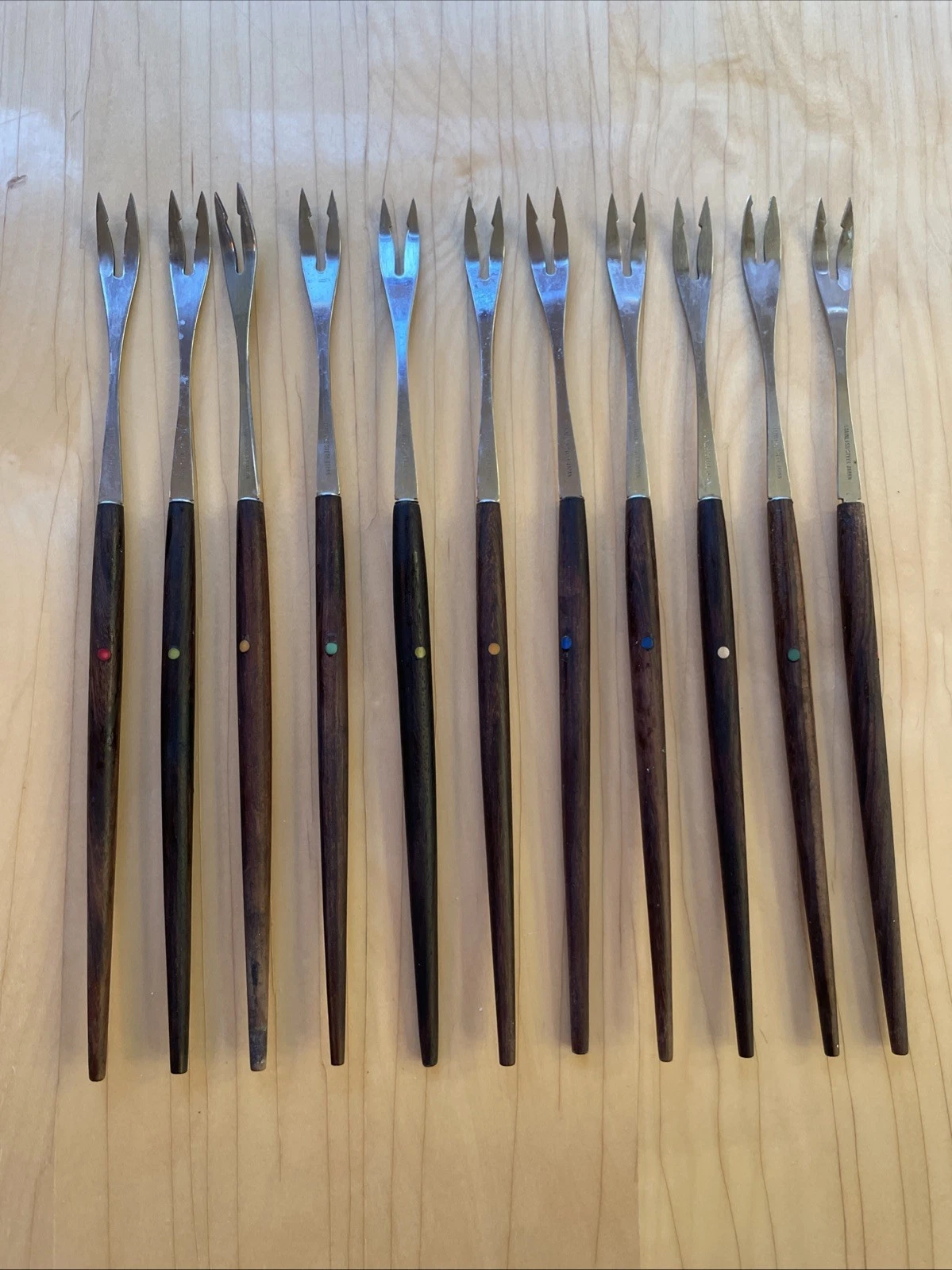 Set 11 Vtg MCM 12” Fondue Forks Stainless Steel w/Teakwood Handles JAPAN Rare