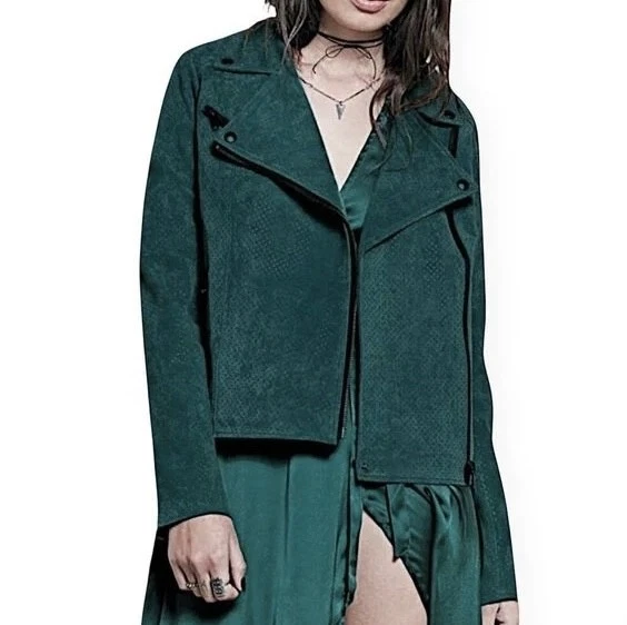 Volcom STONE ROW Suede Motorin’ Moto Jacket Green Floral Lining Motorcycle Small - Image 4 of 4