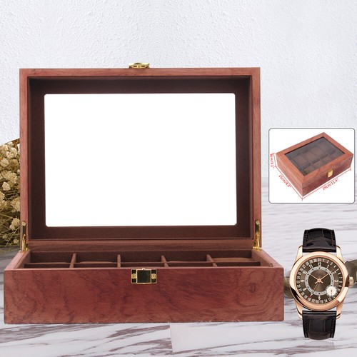 10-Slot Watch Box Glass Top Vintage Display Jewelry Storage Organizer Case Wood - Picture 3 of 12