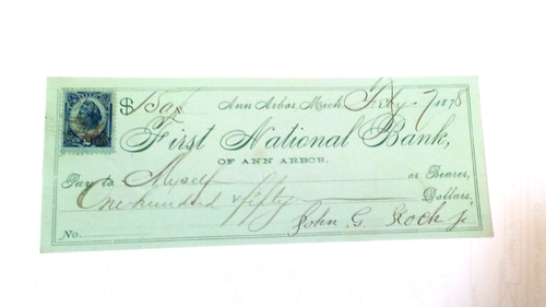 US Postal History Revenue first National Bank Check 1878
