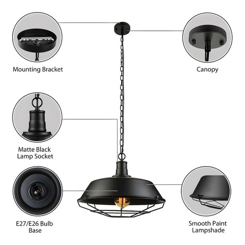 Single Bulb 14'' W Chandelier Pendant Light Metal Iron Ceiling Lamp Barn Shade - Picture 6 of 13