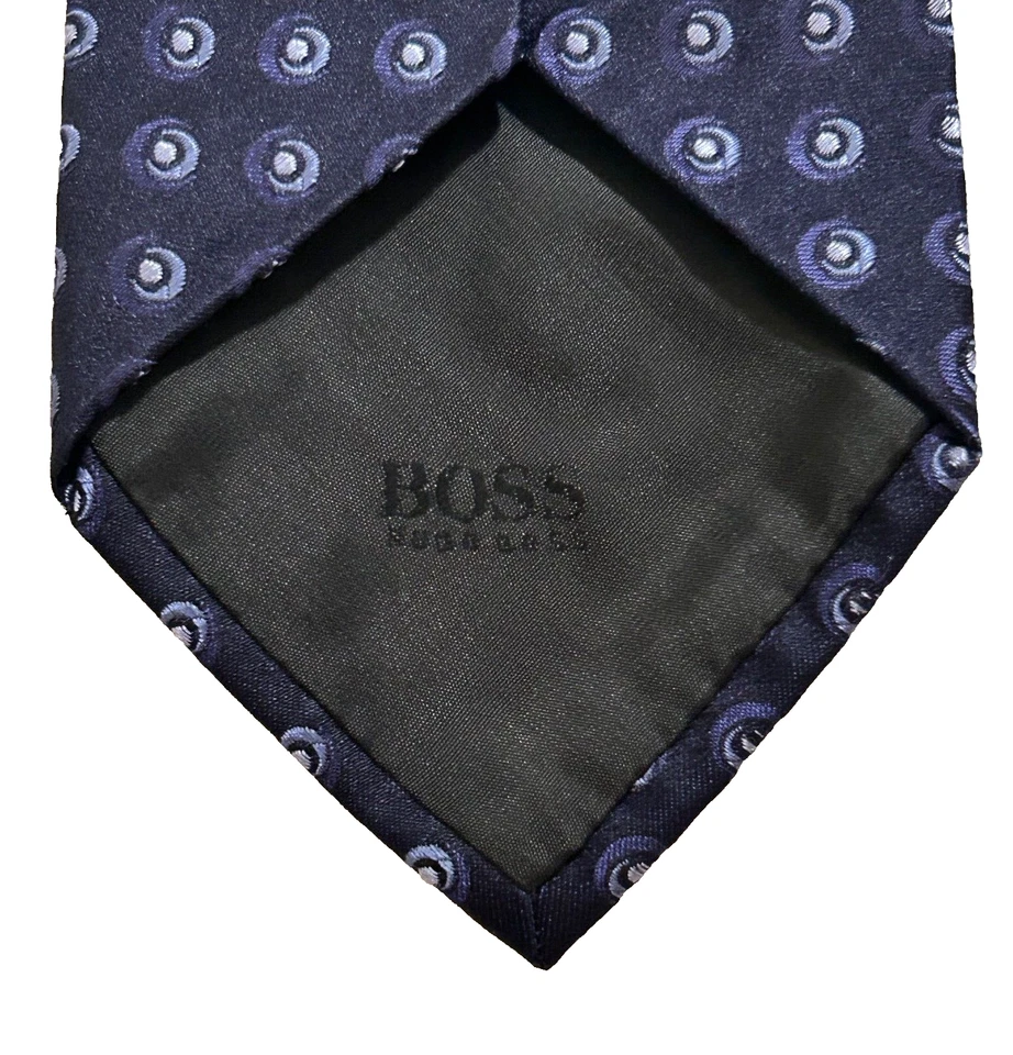 Corbata de seda Boss Hugo Boss azul marino foulard círculos geométricos hecha en Italia Foto 3 de 4