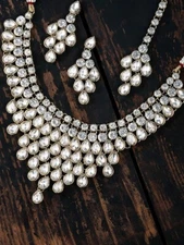 Gold-Toned Traditional Jewellery Set, Indian Necklace Earrings Maangtikka Set