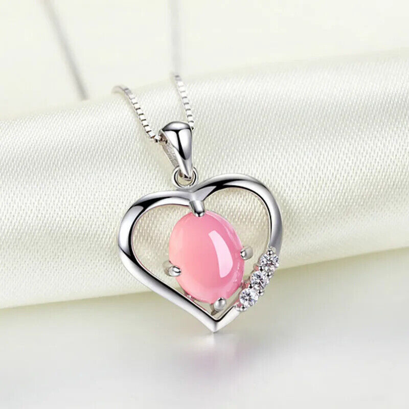 Pink Natural Jade Heart Pendant Necklace Amulet Real Jewelry 925 Silver