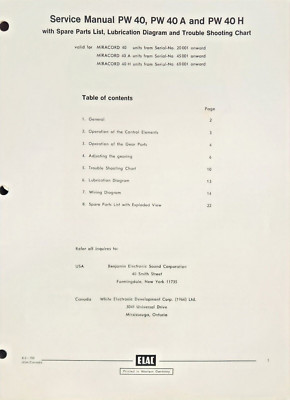 Rare/Vintage Elac Model PW-40 Record Changer Service Manual