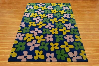 Tapis Faits Main En Laine Touffeté Floral Bleu Pour Salon Moderne 4x6 Pieds - Photo 1/4