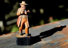 Old Antique Hand Carved Painted Wood Sculpture Traveling Man With Satchel