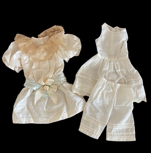 Antique Doll Dress Cream Silk Pale Blue Bow Plus Slip And Pantaloons