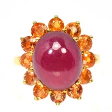 925 STERLING SILVER RING GENUINE BLOOD RED RUBY OVAL ORANGE SAPPHIRE SIZE 6.25