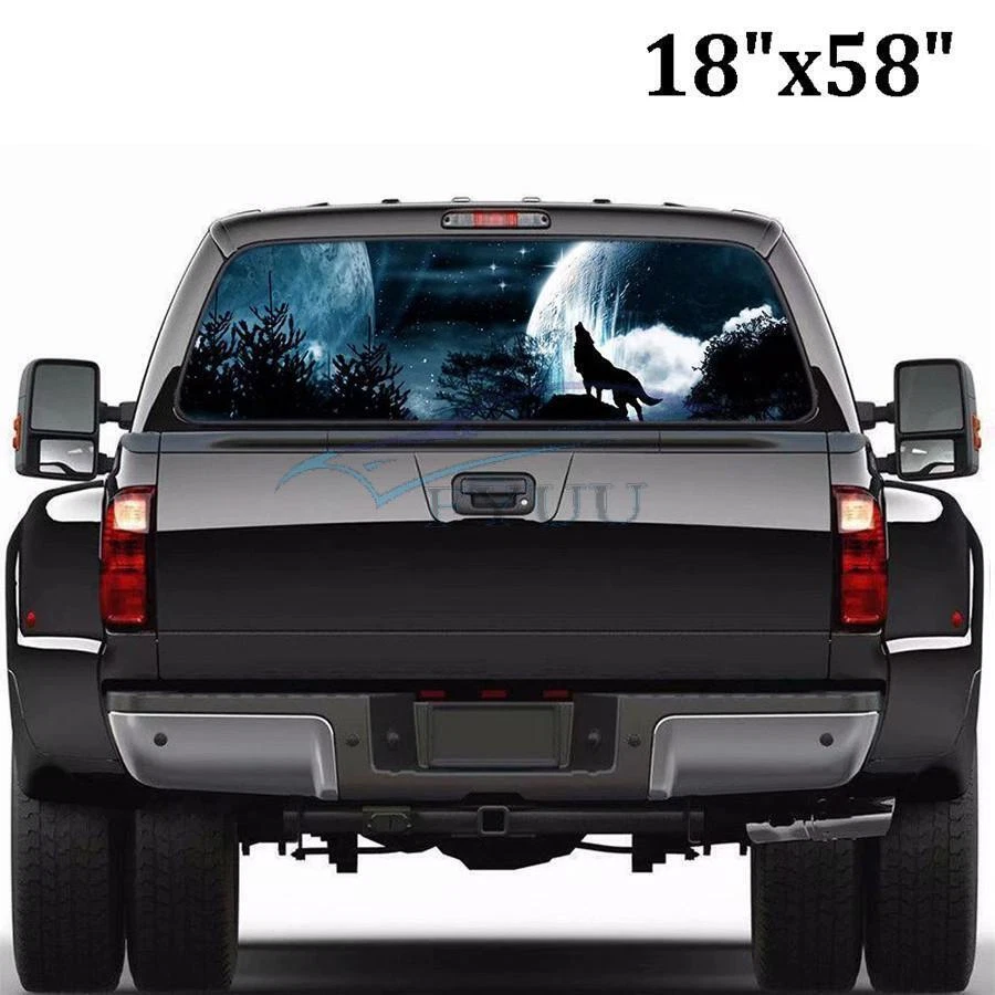 Hágalo usted mismo 18"x58" Coche Ventana Trasera Puerta Trasera Lobo Luna Aulladora Galaxia Adhesivo Impermeable Foto 3 de 4