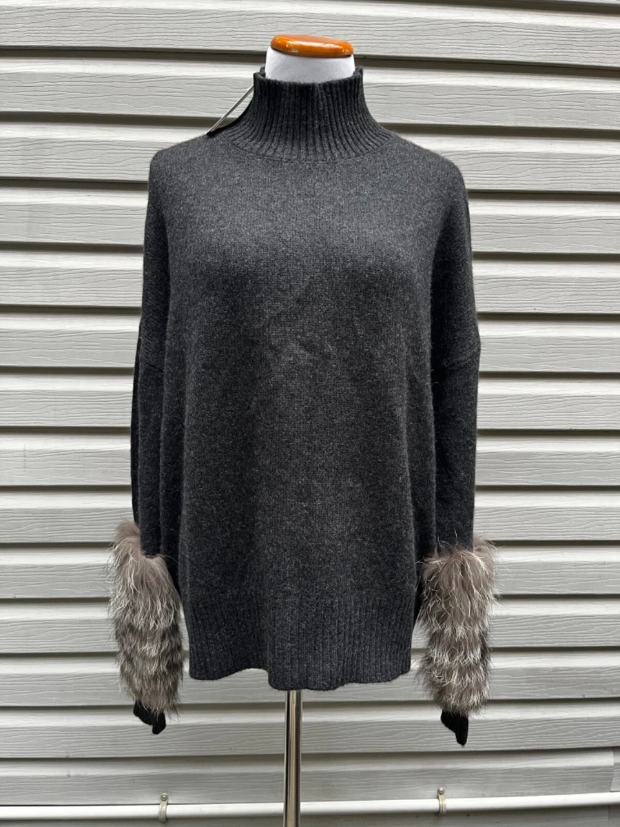 NWT C by BLOOMINGDALES 100 CASHMERE GRAY Sweater w REAL SILVER