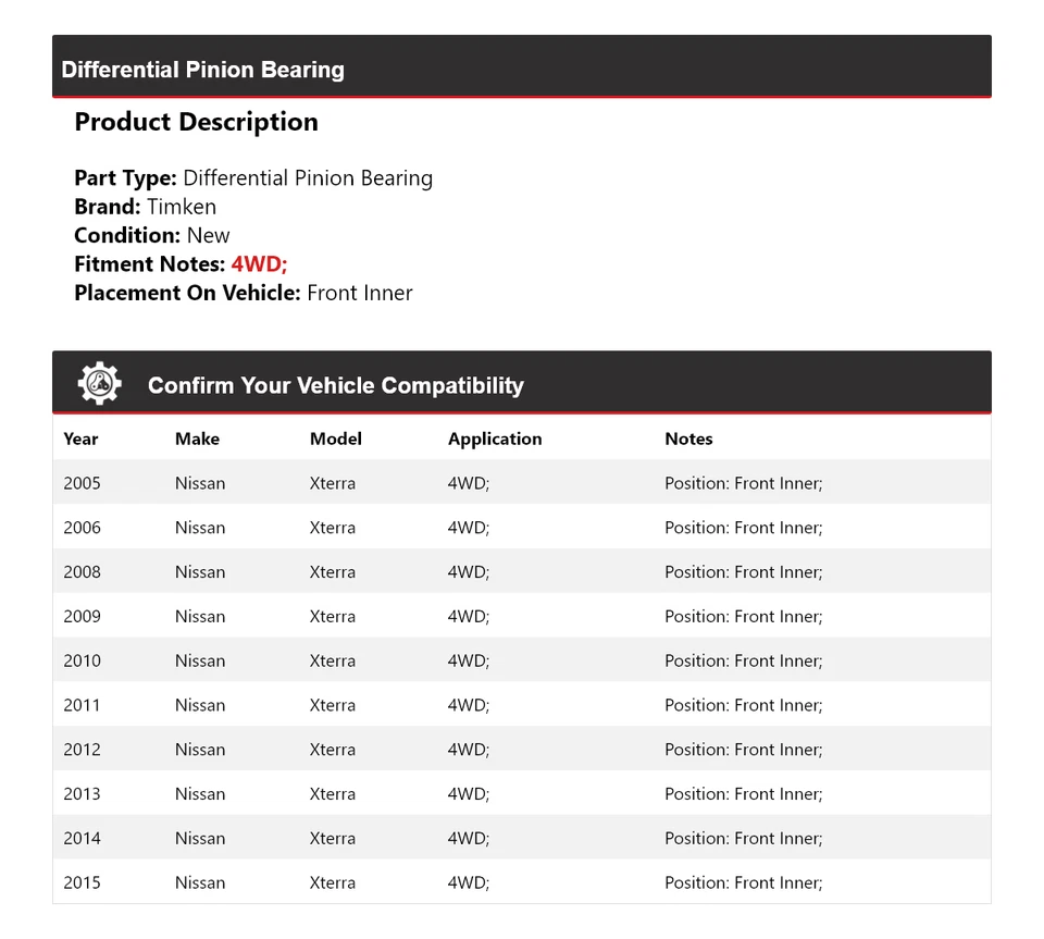 Cojinete de piñón diferencial Timken para Nissan Xterra 2005-2006, 2008-2015 Foto 2 de 3