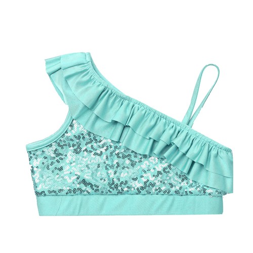 Girls Sequined Ruffled Ballet Dance Crop Top Modern Jazz One Shoulder Cami Vest - Picture 43 of 66