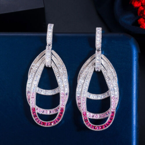 CZ Long Geometric Drop Dangle Earrings Lady Multiple Round Pink Red Jewelry Gift - Picture 1 of 18