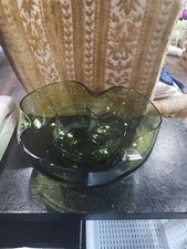 vintage Green Avocado Chip and Dip Glass Bowl Set Mid Century Anchor Hocking