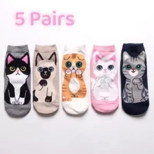 5 PAIRS WOMEN'S / GIRL'S CUTE CARTOON CAT PATTERN  LIGHTWEIGHT ANKLE SOCKS SET