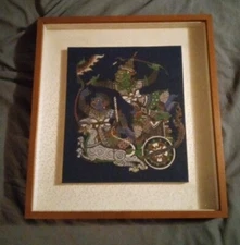 Vintage Thailand Hand Painted Silk Prince Ramakien On Chariot Framed Art