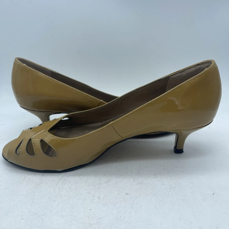 Bombas de salto vintage Ditto By Van Eli mostarda patente falsa gatinho peep toe tamanho 6.5 - Imagem 4 de 4