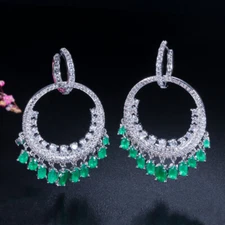 Silver Plated Cubic Zircon CZ Tassel Charms Big Long Huggie Dangle Drop Earrings