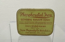 vintage Phosphorated Iron tablet tin box, General System Tonic, Iron Remedy Co.