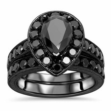 3Ct Pear Lab Created Black Diamond 14k Black Gold Over Bridal Set Wedding Ring