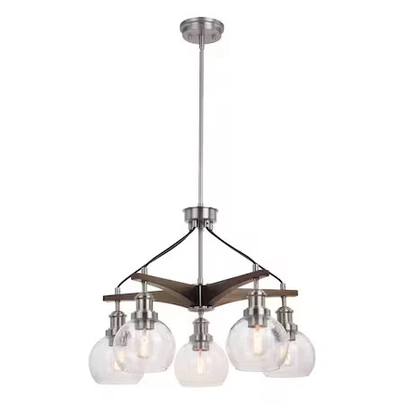 VAXCEL H0256 Avondale 25.5-in Nickel and Wood Farmhouse 5 Light Chandelier - Picture 1 of 9