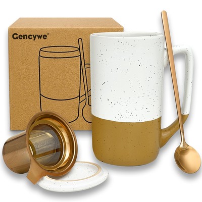 Ceramics Large Tea Cup with Loose Leaf Infuser, Spoon and Lid, 16 oz Tall Cof...