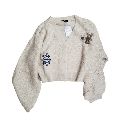 Gingerbread Mickey Mouse Snowflake Christmas Cardigan Beige Size XL NWT