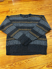 Bill Blass Made in USA Men’s L Cotton Cable Knit Striped Pullover Sweater Gray