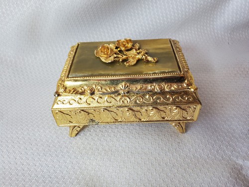 VTG Jewelry Trinket Box Gold-Tone Metal Footed Hinged Acrylic Top w/ Rose Japan