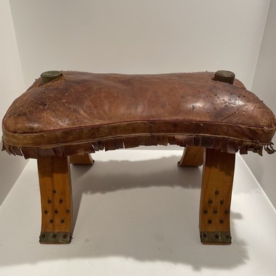 VINTAGE CAMEL SADDLE SEAT OTTOMAN FOOT STOOL ORIGINAL CUSHION