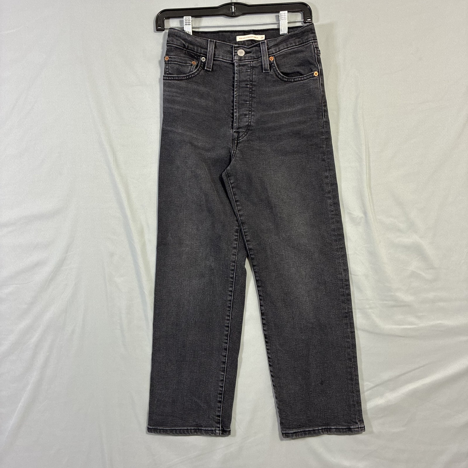 Levis Ribcage Straight Ankle Jeans Womens 26 Black High Rise Button Fly Denim
