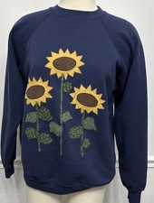 Vintage 90  s Sunflower Appliqu  Crewneck Large Navy Blue Grandma Core USA