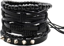 Unisex Hand-Woven Leather Bracelet Set - 4 Adjustable Wristbands, Gift-Ready