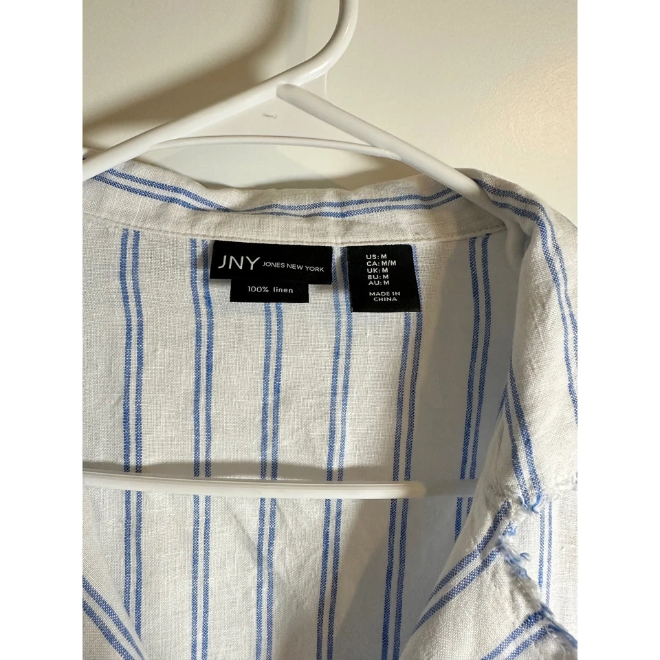 Chaqueta Blazer JNY Jones New York Lino Azul Rayas Bordes Deshilachados Para Mujer Foto 2 de 3