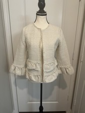 Ann Taylor Tweed Ruffle Trim Sparkle Boucl Jacket Cream Holiday Blazer Size 2