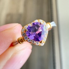 925 Sterling Silver Ring 5mm Natural Purple Amethyst Gemstone Zircon Heart Cute