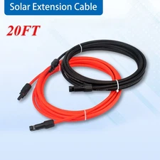20ft 10AWG Solar Panel Extension Cable Flexible Wire Connectors Black + Red