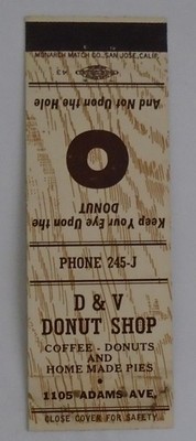 D & V Donut Shop Matchbook Cover