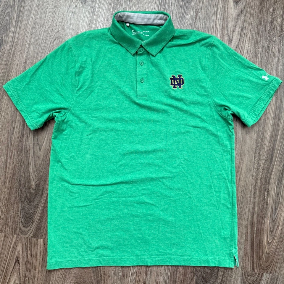 Under Armour Notre Dame Fighting Irish Golf Polo Shirt LG Loose HeatGear Green - Image 2 of 4