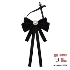 Women's Rhinestone Ribbon Bowtie for Uniform Party Black