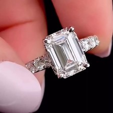3.50CTW Emerald Cut Moissanite Hidden Halo Engagement Ring 14k White Gold Plated