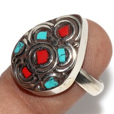Tibetan Turquoise Red Coral Nepali Tribal Gemstone Ring Us 6.5 Aesthetic MJ