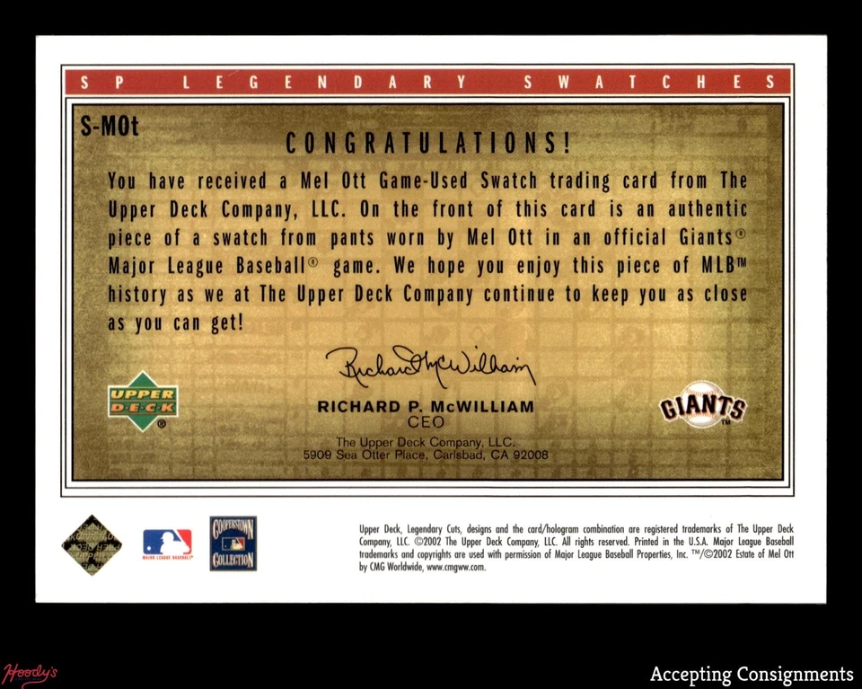 2002 SP Legendary Cuts Game Swatches #SMOT Mel Ott GAME USED PANTS RELIC YANKEES - Image 2 of 2