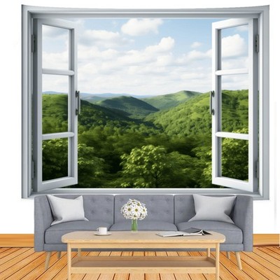 window view green hills sky Backdrop Tapestry Wall Hanging Home Studio