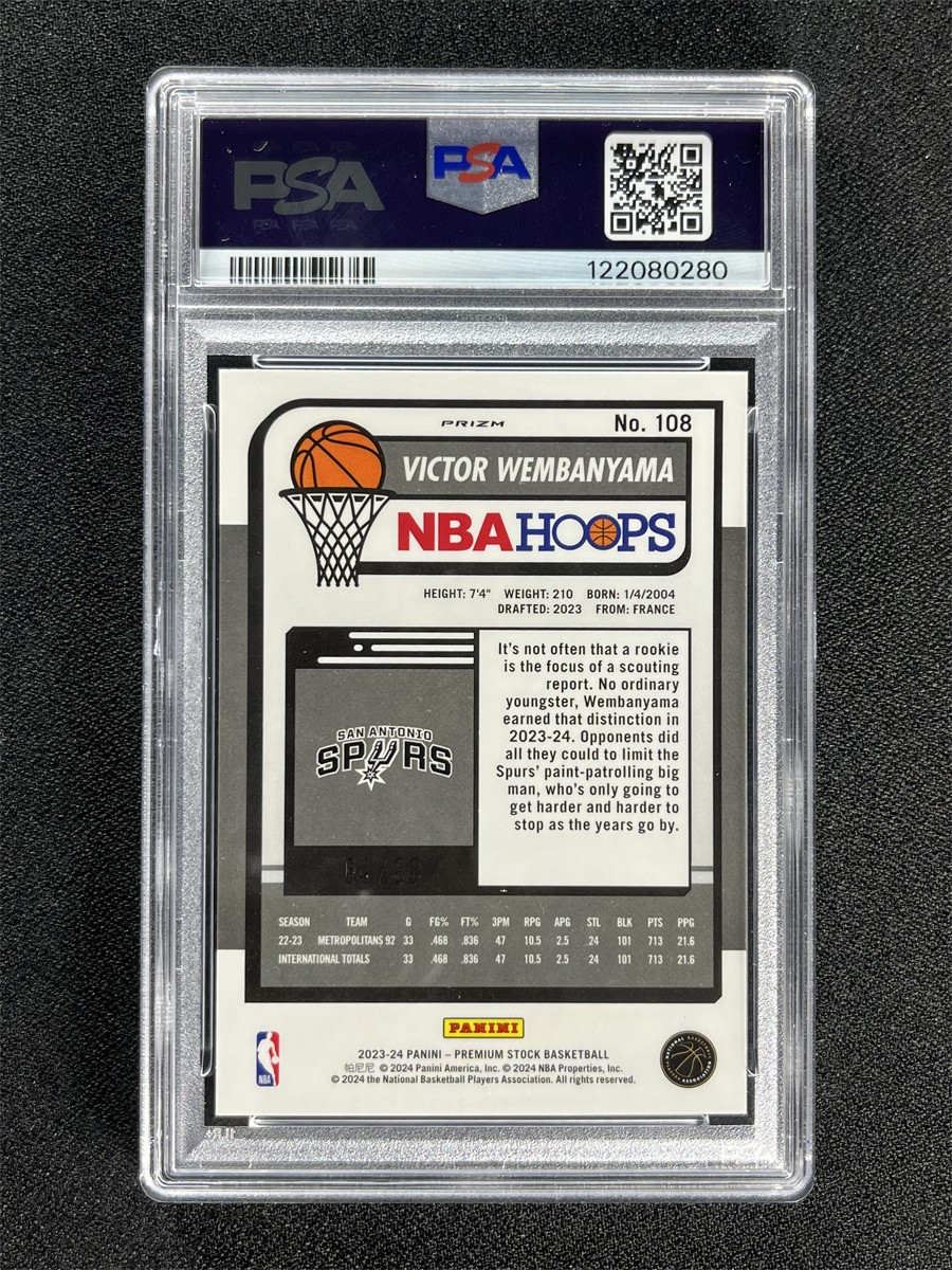 2023-24 NBA Hoops Premium Stock Victor Wembanyama #108 Red Scope RC /88 PSA 10 view 2