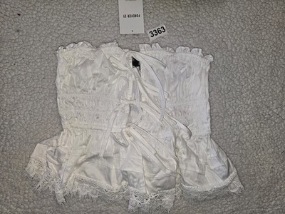 NWT! FOREVER 21 Size Small Women's White Tube Top Bodice Milk Maid Lace Trim