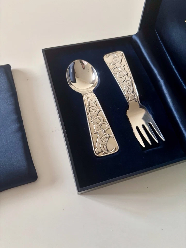 TIFFANY & Co Sterling Silver 925 Baby Child Fork Spoon Set Teddy Bear ABC Cased - Image 3 of 4